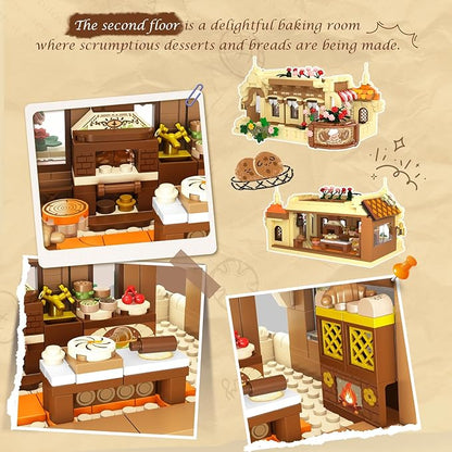City Bakery Cafe House Building Set with Light, 1289 PCS Baking Shop Building Block Toy with Coffee Cake Bread Bakery Room, Pastry Construction Model for Adults Teens Kids Boys Girls Ages 8-12+
