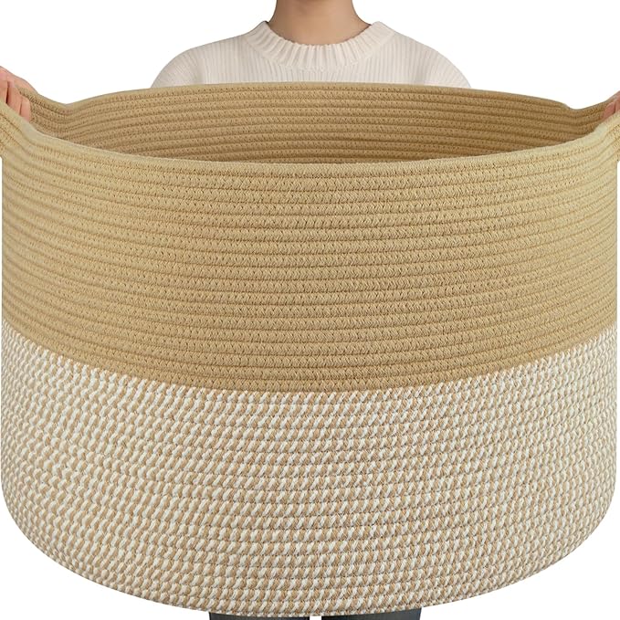 OIAHOMY 115L Extra Large Blanket Basket, 23.6" x 15.4" Woven Cotton Rope Laundry Basket for Organizing Pillows, Decorative Stuffed Animal Toy Storage Bin for Nursery, Jute and White