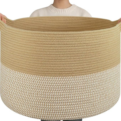 OIAHOMY 115L Extra Large Blanket Basket, 23.6" x 15.4" Woven Cotton Rope Laundry Basket for Organizing Pillows, Decorative Stuffed Animal Toy Storage Bin for Nursery, Jute and White
