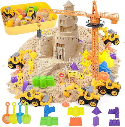 3 otters 32PCS Play Sand Construction Set, 2.2lbs Magnetic Sand, 4 Alloy Construction Vehicle Toys, 12 Sand Molds, 11 Construction Worker Models and Road Signs, 1 Storage Box, Toys for Kids Age 3-8