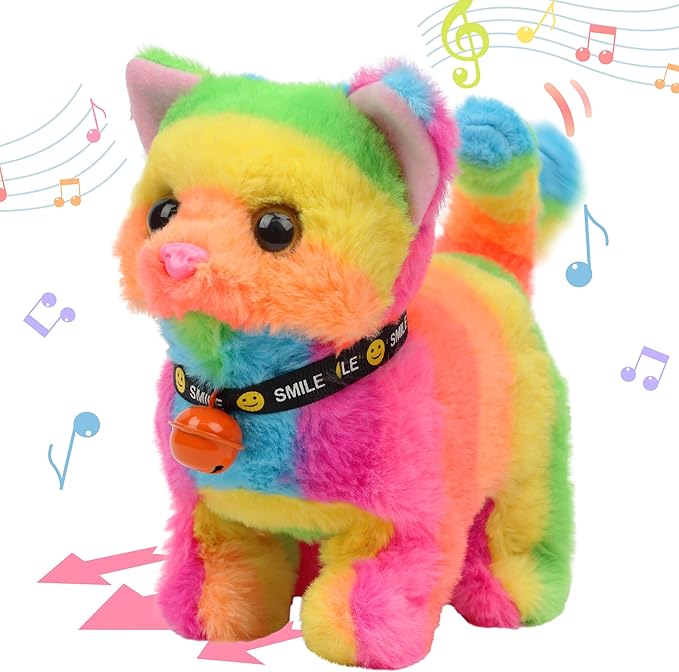 Hopearl Walking Cat Interactive Electronic Pet Plush Kitty Toy with Sounds and Movements Animated Meow Shake Head Wiggle Tail Gifts for Toddlers Birthday, Rainbow, 7''