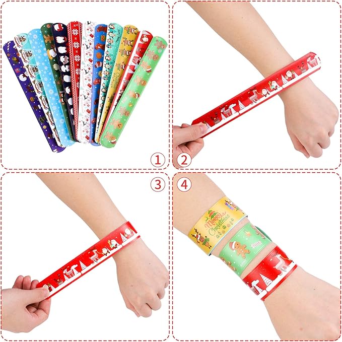 Elcoho 72 Pieces Christmas Snap Bracelets Xmas Party Favors Slap Bracelets Assorted Christmas Pattern Slap Wristband for Christmas Party Favors