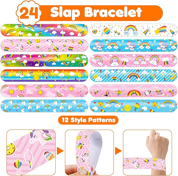 48PCS Rainbow Party Favors - 24PCS Tattoos & 24PCS Slap Bracelets - Unicorn & Rainbow Birthday Supplies, Magical Baby Shower Decorations, Classroom Prizes, Gifts for Girls