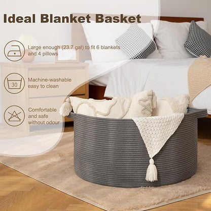 OIAHOMY 90L Blanket Basket for Living Room, Large Basket 23" x 23" x 13" with Handle, Laundry Hamper for Blankets, Pillows, Toy Storage for Kids, Dogs - Grey