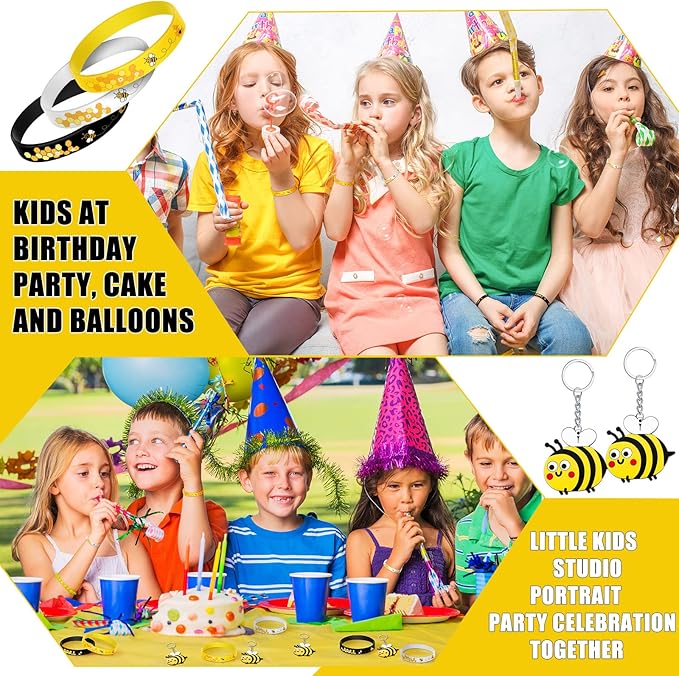 48 Pieces Cute Bee Keychain Bee Rubber Bracelets Bee Birthday Party Favors Honey Bee Silicone Wristband Bee Party Decorations for Birthday Supplies