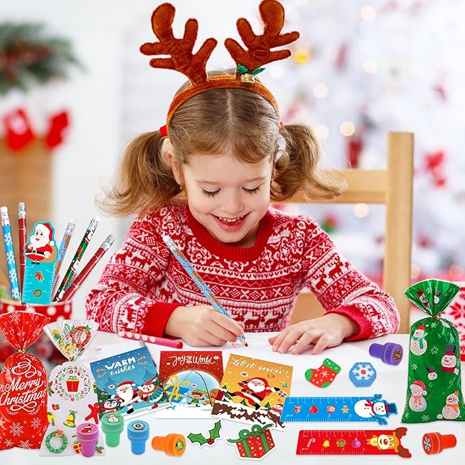 Bluegogo 218Pcs Christmas Party Favors for Kids, Christmas School Stationery Set Christmas Goodie Bags Christmas Toys Bulk Classroom Prizes Christmas Stationery Kit for Party Gift Fillers