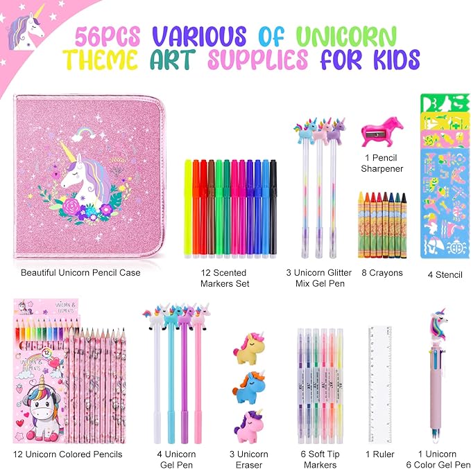 56 Pc Fruit Scented Marker Set with Glitter Unicorn Case, Art Supplies Kit for Kids Ages 4-8
