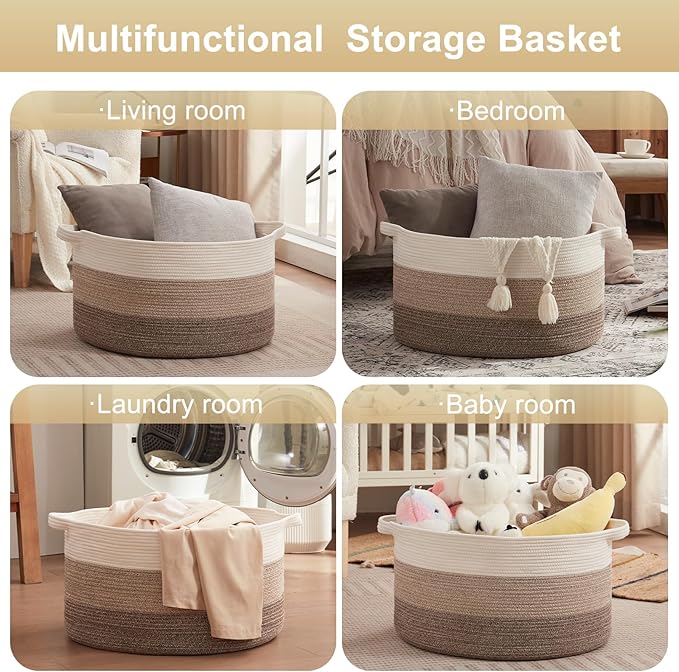 OIAHOMY 105L Blanket Basket for Living Room, Large Basket 23.6" x 23.6" x 14.6" with Handle, Laundry Hamper for Blankets, Pillows, Toy Storage for Kids, Dogs - Gradient Brown