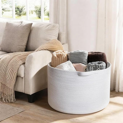 MEGASKET White Cotton Rope Storage Basket, 22" X 22" X 14" Extra Large Blanket Storage Living Room, XL Soft Toy Bin for Organizing, Woven Baby Laundry Basket with Handle, White Wicker Hamper Nursery