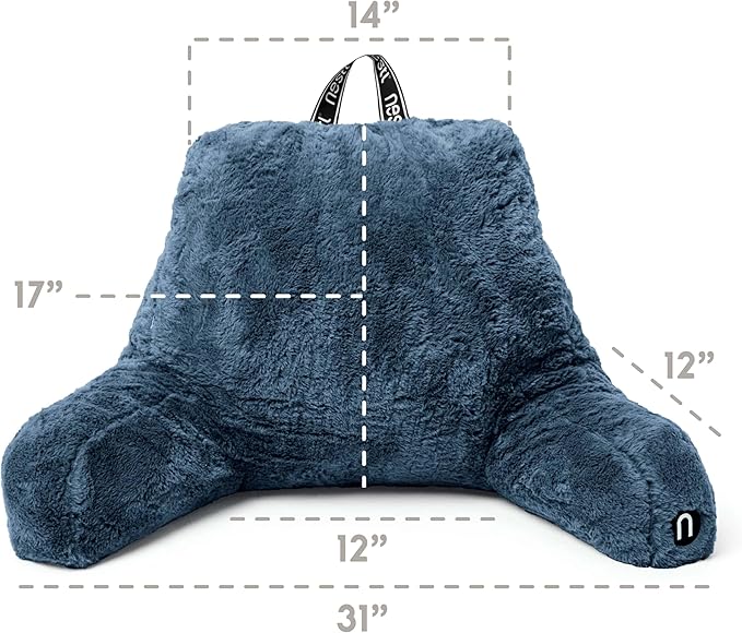 Nestl Fur Reading Pillow, Stylish Back Pillow for Bed Sitting Up, Faux Fur Bed Chair Pillow with Arms, Reading Pillows for Sitting in Bed Adult & Kids, Sit Up Back Support Pillow for Bed Rest - Blue