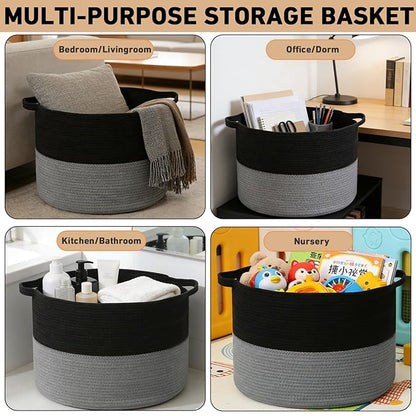 115L Large Blanket Basket,23.6"L x 23.6"W x 15.7"H Rope Woven Baskets with Handles, Toys Storage Bins,Laundry Basket Perfect for Living Room, Nursery,Bedroom,Home Organization,Black&Dark Grey