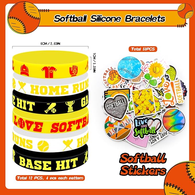 122Pcs Softball Party Favors Softball Goodie Bags Stuffers with Stress Ball Keychain Sticker Badges Silicone Bracelet for Softball Birthday Party Decorations