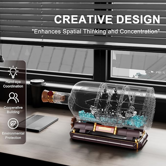 Mould King Ship in a Bottle Kit, Pirate Ship Building Set, 10070 Drift Bottle Toys Blocks with Stand Pirate Boat Model, Collection for Adults Kids Aged 8+, 778 Pieces