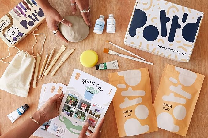Pott'd Air Dry Clay for Adults. Beginners Home Pottery Kit for Adults. DIY Crafts Includes: Air-Dry Clay, Tools, Paints, Brushes, Sealant, Guides