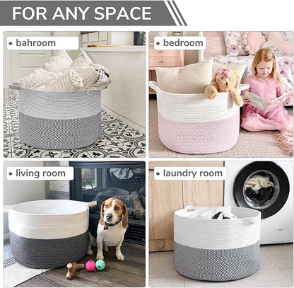 INDRESSME Extra Large Laundry Basket, Cotton Rope Blanket Basket for Nursery Living Room, Decorative Woven Storage Basket with Handles for Dirty Clothes, Toy Bin For Dog Toys, 21.7 x 13.8 inches, Grey