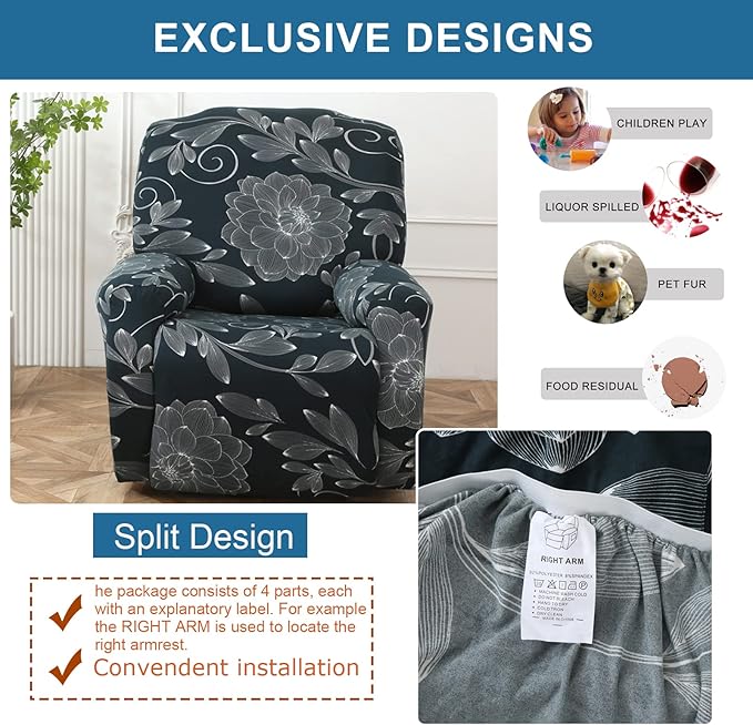 NILUOH Recliner Chair Covers 4-Pieces Stretch Lazy Boy Recliner Covers with Pocket Floral Pattern Reclining Slipcovers Soft Sofa Slipcover Furniture Protector for Pets Kids (Recliner, Pattern 02)