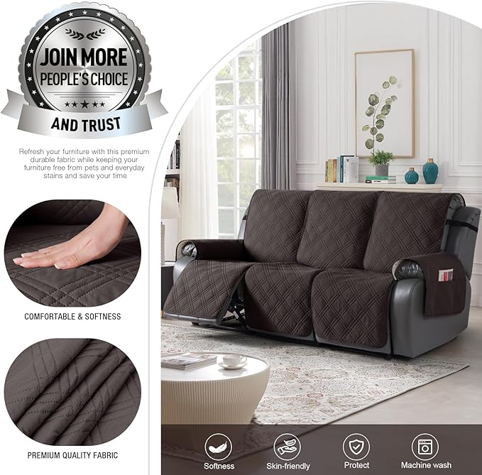 TAOCOCO 100% Waterproof Recliner Sofa Covers 3 Seater, Split Couch Covers for Reclining Couches for Kids Pets, Non Slip Reclining Couch Covers Furniture Protector with Straps(3 Seater, Coffee)