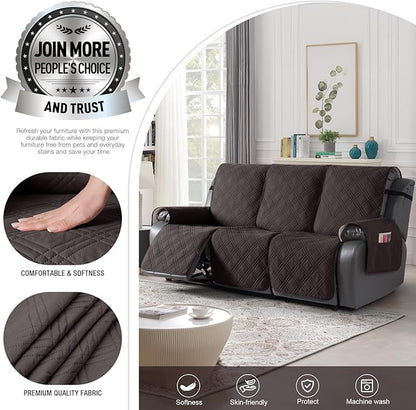 TAOCOCO 100% Waterproof Recliner Sofa Covers 3 Seater, Split Couch Covers for Reclining Couches for Kids Pets, Non Slip Reclining Couch Covers Furniture Protector with Straps(3 Seater, Coffee)