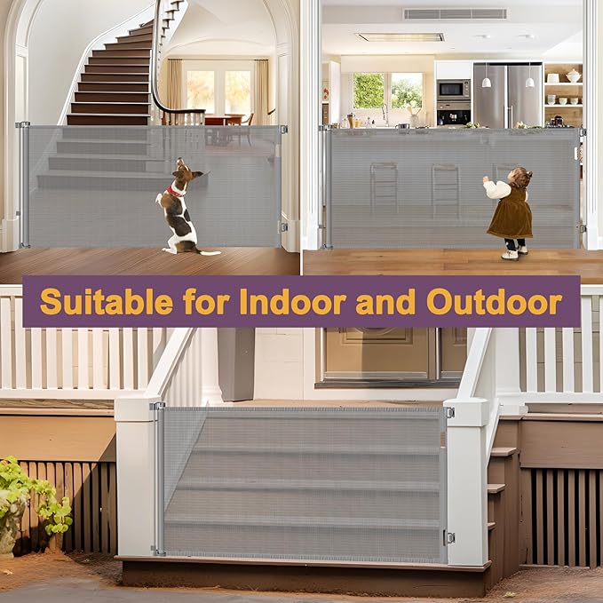 42" Tall X 100" Extra Wide Retractable Gates for Large Openings Extra Tall Dog Gates for Doorway Tall Retractable Baby Gate Tall Mesh Gates for Kids and Pets Large Dog Gate for Indoor/Outdoor, Gray