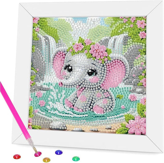 Aestalrcus Diamond Art for Kids Cartoon, Elephant Diamond Painting Kits for Kids Ages 4-8-12, Easy Crystal Gem Art for Kid Gift Home Wall Decor 6x6inch(with Frame)