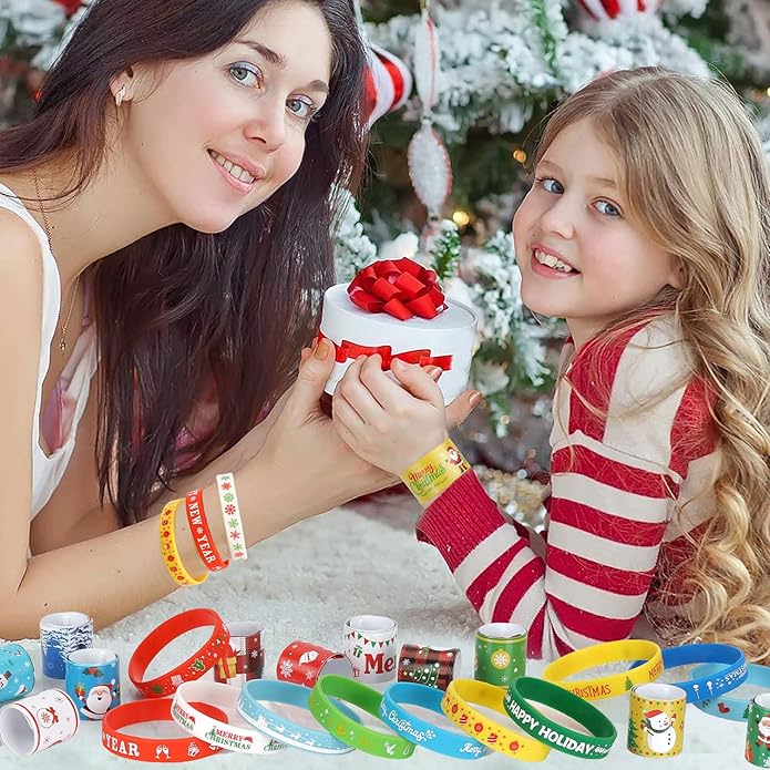 Mibor 48Pcs Christmas Slap Bracelets Christmas Silicone Bracelets, Christmas Classroom Gifts, Xmas Slap Wristbands Rubber Wristbands for Kids Girls Boys Christmas Party Favors Stocking Stuffers Gifts