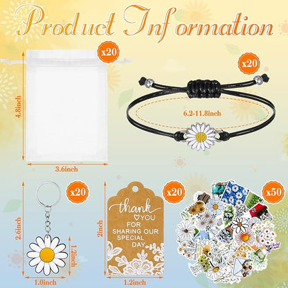 Tuanse 130 Pcs Daisy Party Favors Including Daisy Keychains Adjustable Daisy Bracelets PVC Daisy Stickers Thank You Kraft Tags Organza Bags for Birthday Spring Party Wedding School Reward