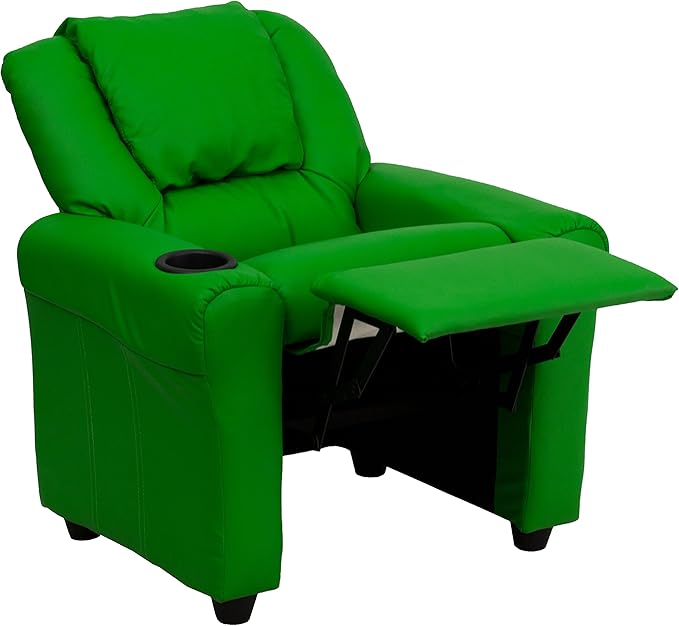 Flash Furniture Vana Vinyl Kids Recliner with Cup Holder, Headrest, and Safety Recline, Contemporary Reclining Chair for Kids, Supports up to 90 lbs., Green