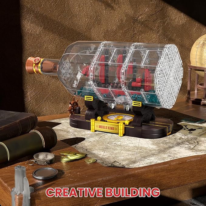 Mould King Ship in a Bottle Building Blocks Sets, 10085 Revenge Pirate Boat Model Kits Toys, Collectible Display Pirate Ship in a Bottle Kit, STEM Project for Adults and Kids Aged 8+ (885 Pieces)