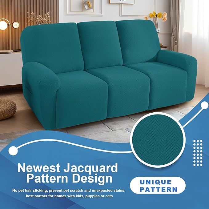 JIVINER 5 Pieces Recliner Sofa Covers Stretch Recliner Sofa Slipcover with Elastic Bottom Jacquard Fitted Reclining 3 Cushion Couch Cover Furniture Protector with Pockets (3 Seater, Teal)