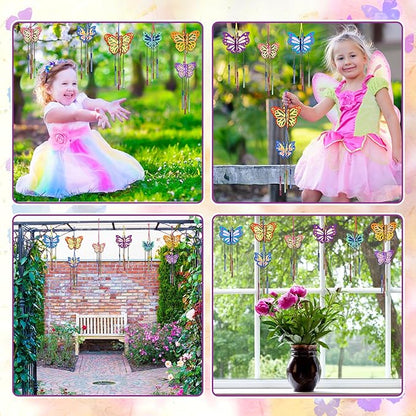 Fennoral 8 Pack 3D Butterfly Wind Chime Kit for Kids Make Your Own Butterfly Wind Chime Wooden Arts and Crafts for Kids DIY to Paint Butterfly Craft for Winter Spring Art Activity Birthday Party