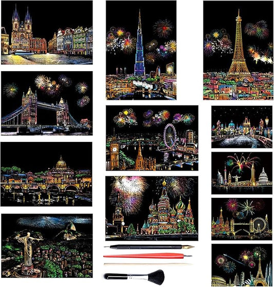 Georgie Porgy Scratch Paper Art A4 Set for Kids Adults Magic Rainbow Scratch Postcards Boards for DIY Arts and Crafts Kits Christmas Birthday Gift with Scratching Tools Kit (Beauty+Fireworks City)