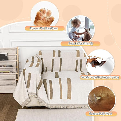 MYSKY HOME Sofa Covers for Sectional Sofa, Couch Cover for Dogs, Couch Covers with Tassel Loveseat Covers Futon Cover L Shaped Cover Washable Chenille Couch Protector, 71" x 134", Khaki Piano Key