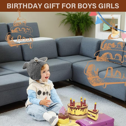 Pretend Play Food for Toddlers 1-3,Wooden Birthday Fake Cake with Candles and Numbers,Tea Party Learning Kitchen Gift Toys for Boys Girls (Chocolate Cake)