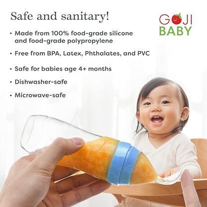 4 oz Silicone Baby Food Dispensing Spoon - 4 Pack - Great for 4+ Month Infants - Includes Stopper - Easy to Use and Mess-Free - Precise Food-Release Feeder - Great for Travel (Blue)