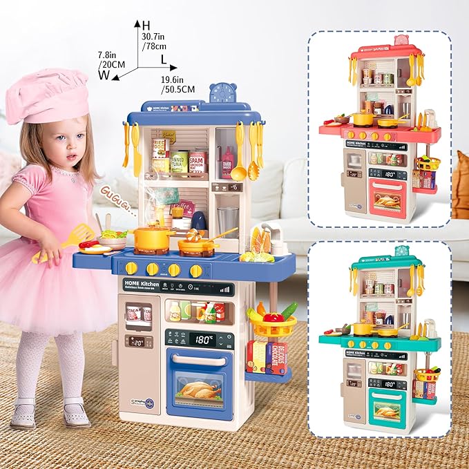 deAO Play Kitchen Set for Kids Boys 50PCS Play Kitchen Accessories with Sounds Light Steam Pretend Play Kitchen Toy Birthady Christams Gifts for Toddler Aged 2-12 Years