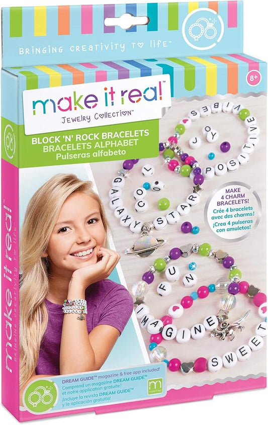 Make It Real: Block ‘N Rock Bracelets Kit - Create 4 Unique Letter Charm Bracelets, 147 Pieces, Includes Play Tray, All-In-One, DIY Bead Jewelry Kit, Tweens & Girls, Arts & Crafts, Kids Ages 8+