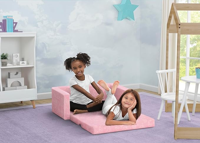 Delta Children Serta Perfect Sleeper Personalized Extra Wide Convertible Sofa to Lounger, Comfy 2-in-1 Flip Open Couch/Sleeper for Kids, Pink
