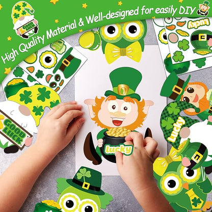 chiazllta 30 PCS St. Patricks Day Craft Kits for Kids DIY Leprechauns Shamrock Owl Gnome Sticker Craft Ornament St. Patricks Art Craft for Party Home Class School Game Activities