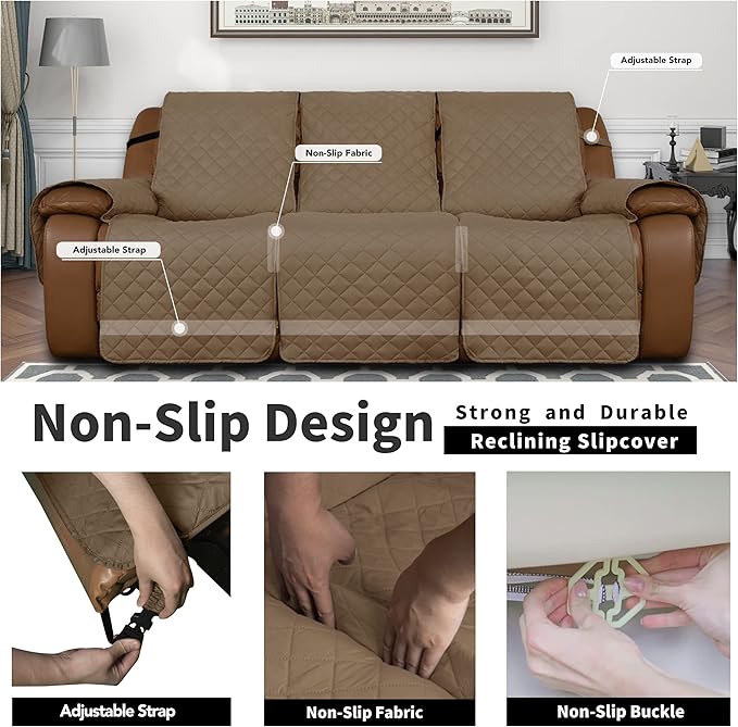 Easy-Going Oversized Recliner Sofa Cover, Reversible Couch Cover for 3 Seat Recliner, Split Sofa Cover for Each Seat with Elastic Straps for Kids, Dogs, Pets (3 Seater, Camel/Camel)