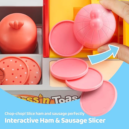 Play Kitchen Food Toy - 40 PCS Toss ‘n Toast Sandwich Making Set with Magic Slicer, Menu Guide and Panini Toy - Interactive Order & Takeout & Checkout Fun for Girls Boys Toddlers
