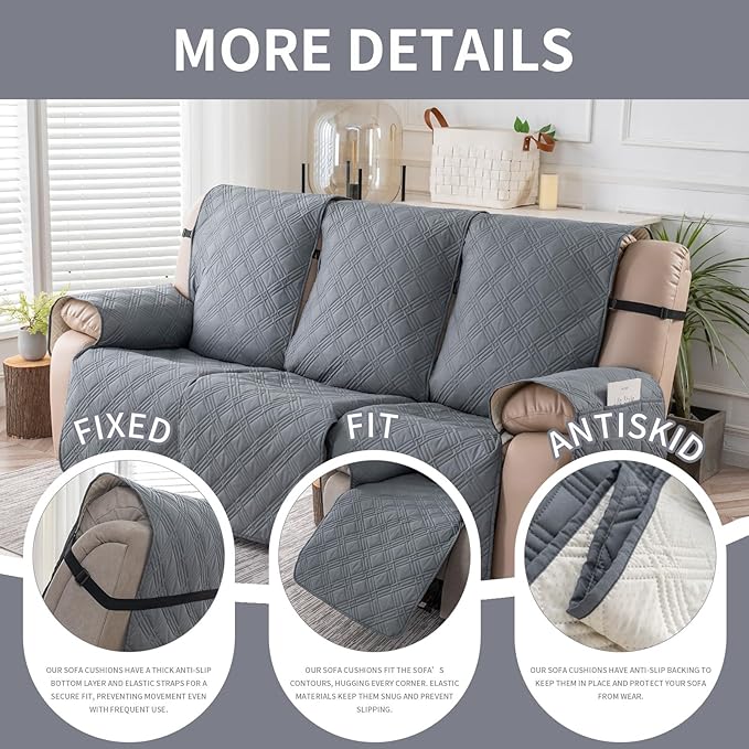 Easehomey Waterproof Recliner Sofa Cover,Non-Slip Reclining Sofa Covers for 3 Seat,Washable Reclining Sofa Cover Furniture Protector with Elastic Straps Pocket for Kids, Pets(Light Gray,3Seat)