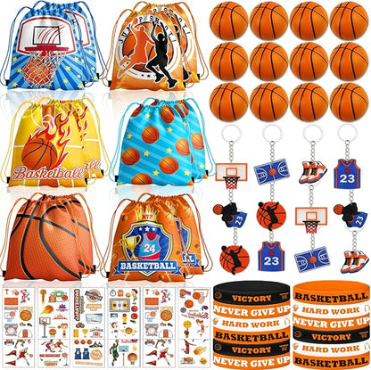 60PCS Basketball Party Favors, Basketball Goodie Bags for Boys Includes 12PCS Basketball Drawstring Bags Bracelet Keychain Tattoo Stickers Mini Basketball for Basketball Birthday Party Supplies