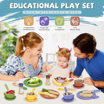 Wooden Play Dishes and Plates for Kids Kitchen Set Accessories for Toddlers 1-3 Cooking Toys Tea Cups for Kids Kitchen Birthday Gift for 3 4 5 Year Old Boys Girls