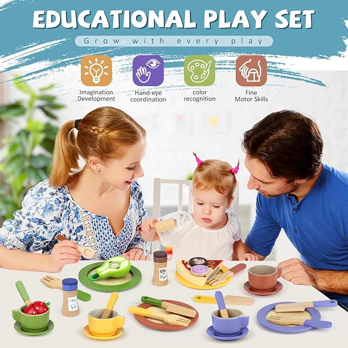 Wooden Play Dishes and Plates for Kids Kitchen Set Accessories for Toddlers 1-3 Cooking Toys Tea Cups for Kids Kitchen Birthday Gift for 3 4 5 Year Old Boys Girls