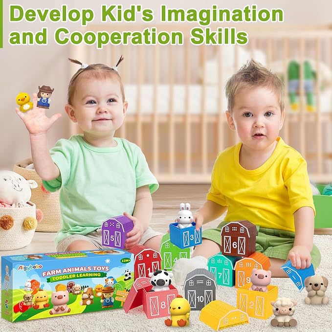 Learning Toys for 1,2,3 Year Old Toddlers, 20Pcs Farm Animals Barn Toy Montessori Counting, Matching & Sorting Fine Motor Games, Christmas Birthday Easter Gift for Baby Boys Girls Age 12-18 Months