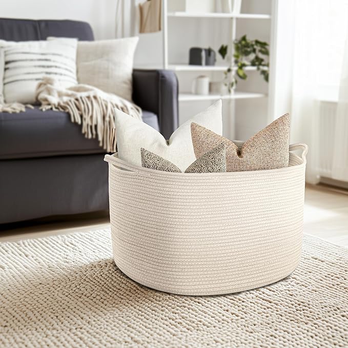 Maliton Extra Large Blanket Basket, Big Woven Cotton Rope Bin for Toys Towels, Pillow Basket with Handles, 22" x 22" x 14" Nursery Laundry Hamper, White Large Storage