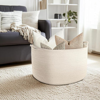 Maliton Extra Large Blanket Basket, Big Woven Cotton Rope Bin for Toys Towels, Pillow Basket with Handles, 22" x 22" x 14" Nursery Laundry Hamper, White Large Storage