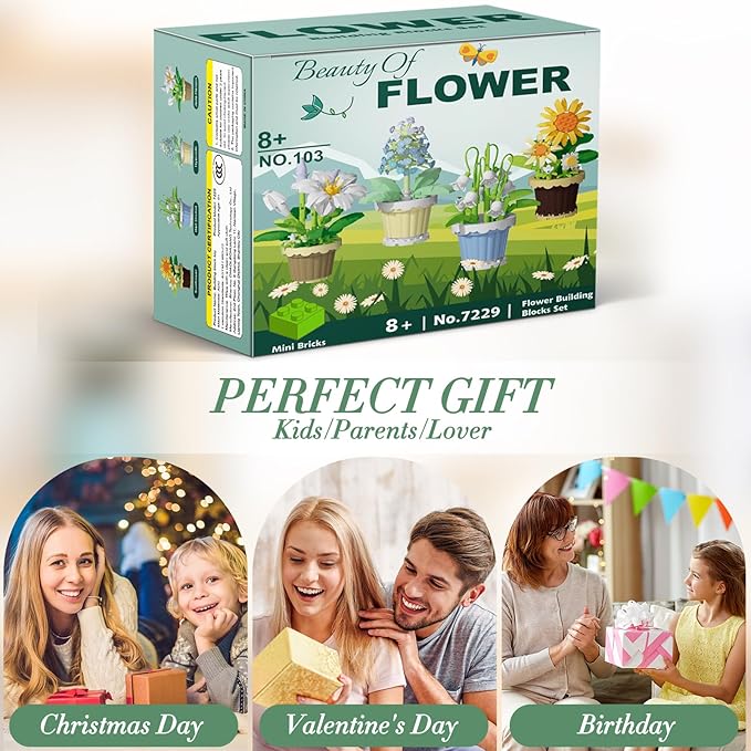 Flowers and Plant Building Set, (1671 Pcs) 8 Kinds Flowers Botanical Bonsai Building Set for Adults, Kids, Girls, Idea Gifts for Mother's Day, Birthdays, Creative Building Block Toys Decor for Home