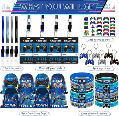 122Pcs Video Game Party Favors, Gamer Party Favors for Boys Includes 13 x 11 Inch Video Game Party Drawstring Bags Bracelets VIP Passes with Lanyards Keychains Tattoo Stickers for Gaming Party Favors