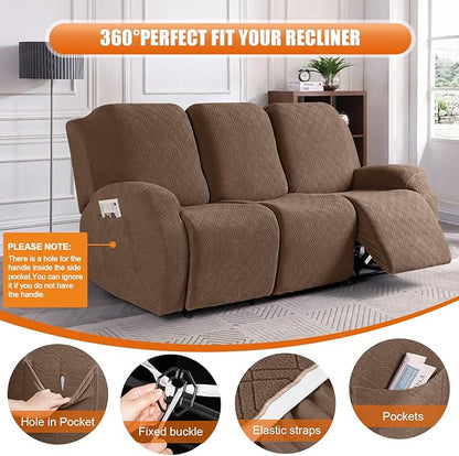 VANSOFY Recliner Cover, 3-Pieces Stretch Reclining Couch Covers with Pockets Reclining Sofa Slipcovers 3 Seater Soft Washable Furniture Protector for Dogs Cats(Light Coffee)